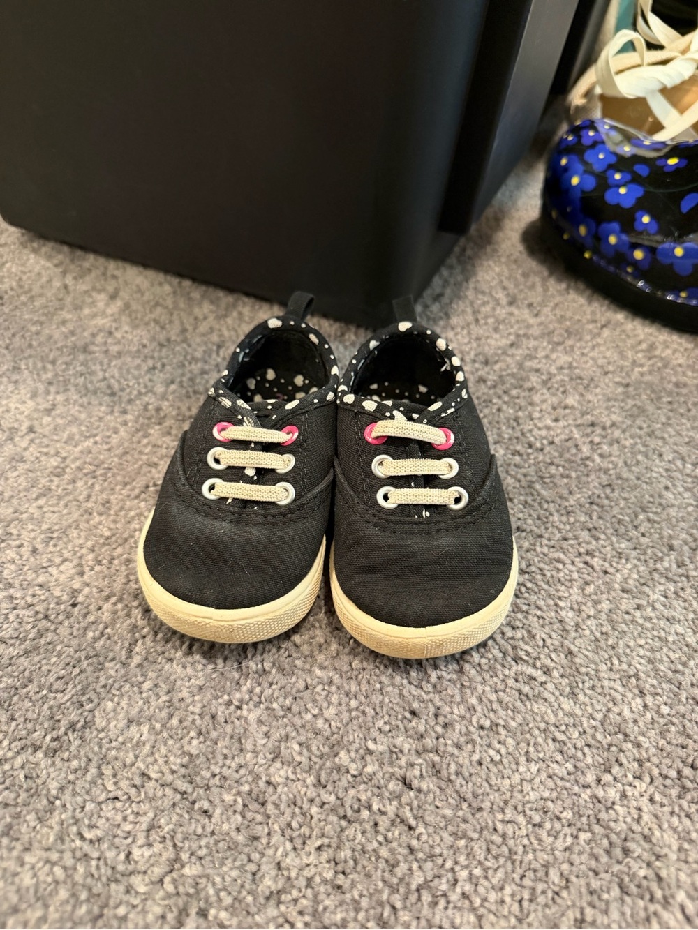 wonder nation Black Canvas Kids Slip-On Sneakers with Pink Eyelet Accents